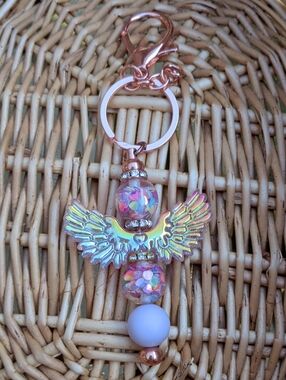 Iridescent Angel Wings Keychain Card Holder Charm - Rose Gold Hardware